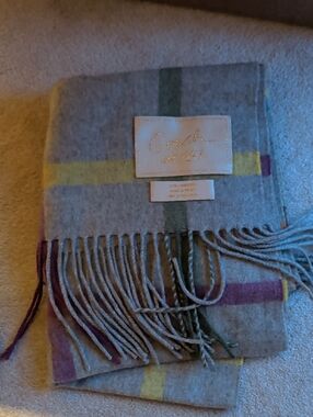 Coach Gray Plaid Cashmere Scarf with Yellow, Green & Purple Stripes